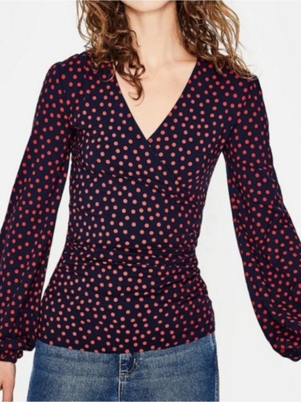 BODEN Elodie Wrap Top Size 8 Navy Blue  Red Polka Dot Print Fitted Shape Stretch